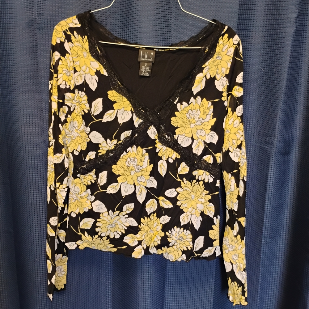 INC International Concepts Black and Yellow Floral Blouse